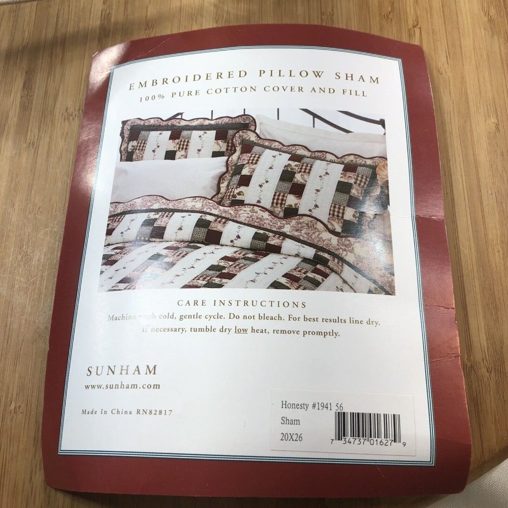 Sunham Veranda Pillow Sham 20 x 26" Embroidered Burgundy Olive Floral Patch work